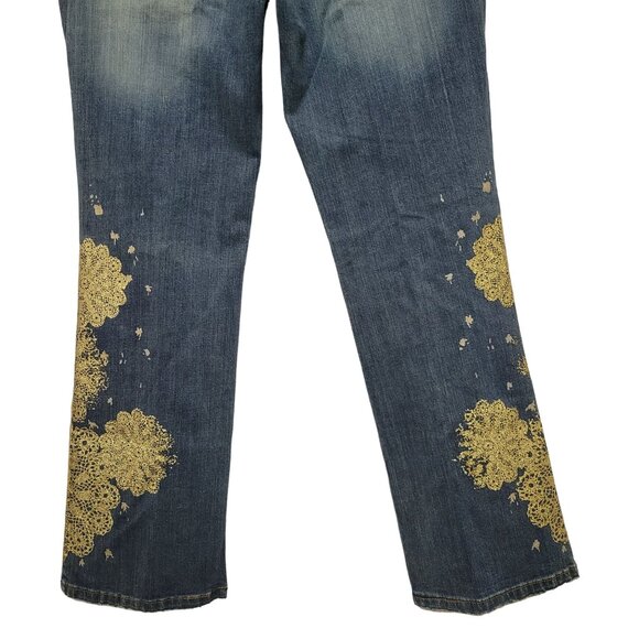 DKNY NWT Size 12 Jeans Denim Gold Glitter So Low Lita Chain Belt Boot Distressed - Picture 8 of 16